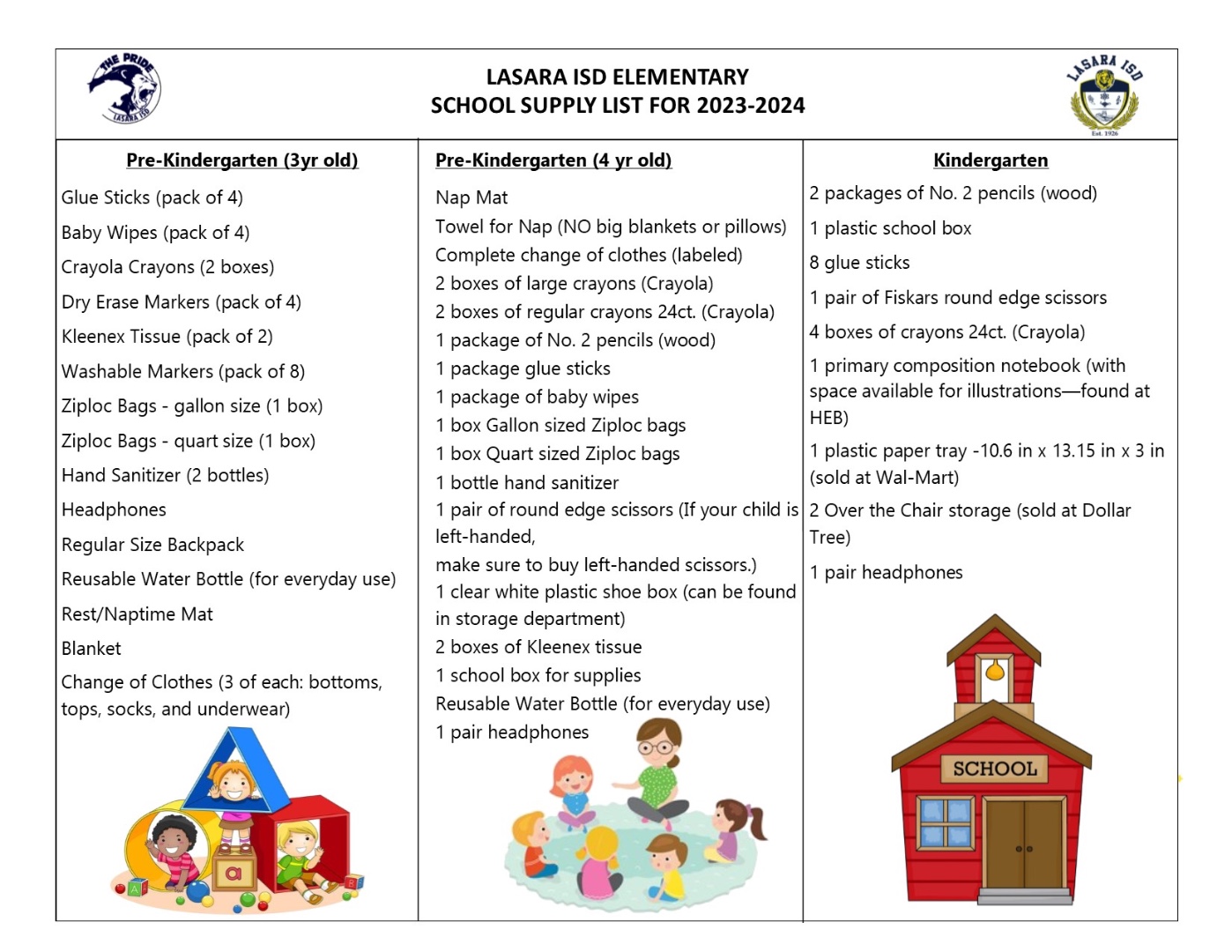 Lasara ISD Back to School Supplies Lists